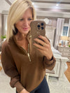 Brown 1/4 Zip Pullover with Gold Zipper Detail