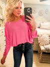 Candy Pink Ribbed Batwing Boat Neck Sweater