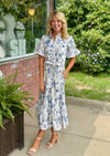 Bell Sleeve Printed Dress with Ruffle Collar and Tie Waist