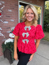 Red Jacquard Rhinestone Bow Top