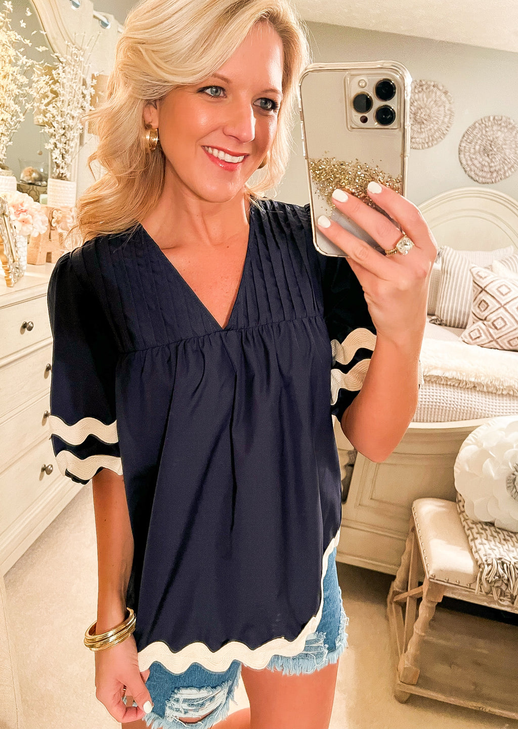 Navy Bubble Sleeve Top with Rick Rack Details