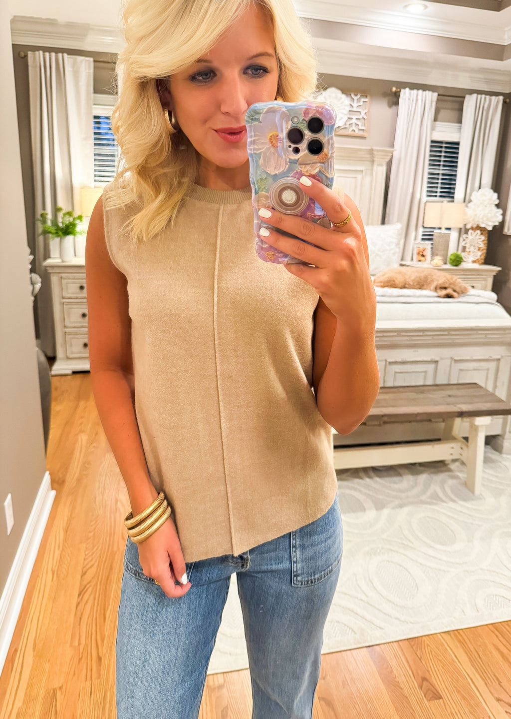 Camel Sleeveless Top with Ribbed Neckline