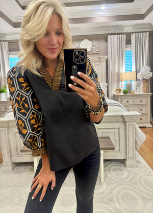 Black Top with Floral Embroidery & Neckline Detail