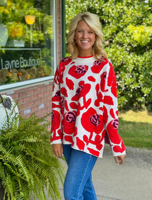 Floral Poppy Print Sweater with Slit Side Details