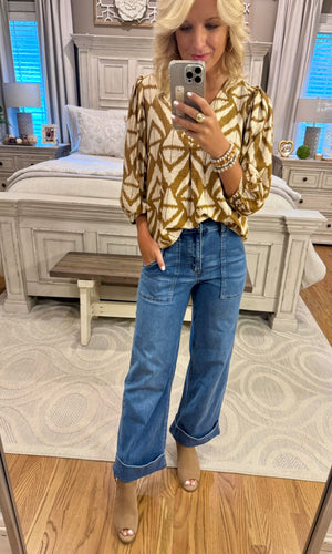Geo Print Top with Puff Sleeves