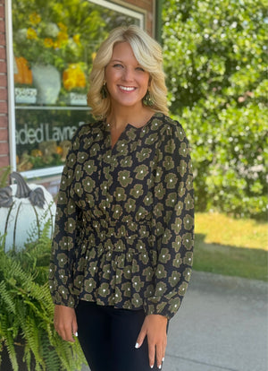 Floral Print Top with Cinched Waist & Ruffle Derail