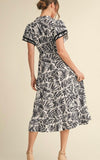 Printed Midi Dress with Drawstring Waist & Sleeve Detail