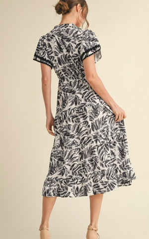 Printed Midi Dress with Drawstring Waist & Sleeve Detail