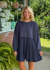 Navy French Terry Pleated Mix Media Dress