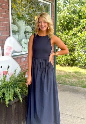 Navy Mixed Media Midi Dress