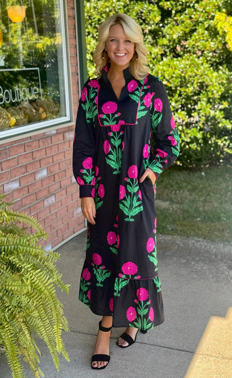 Black Floral Midi Dress with Piping Detail