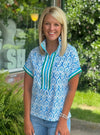 Blue Printed Top with Contrast Zipper Detail