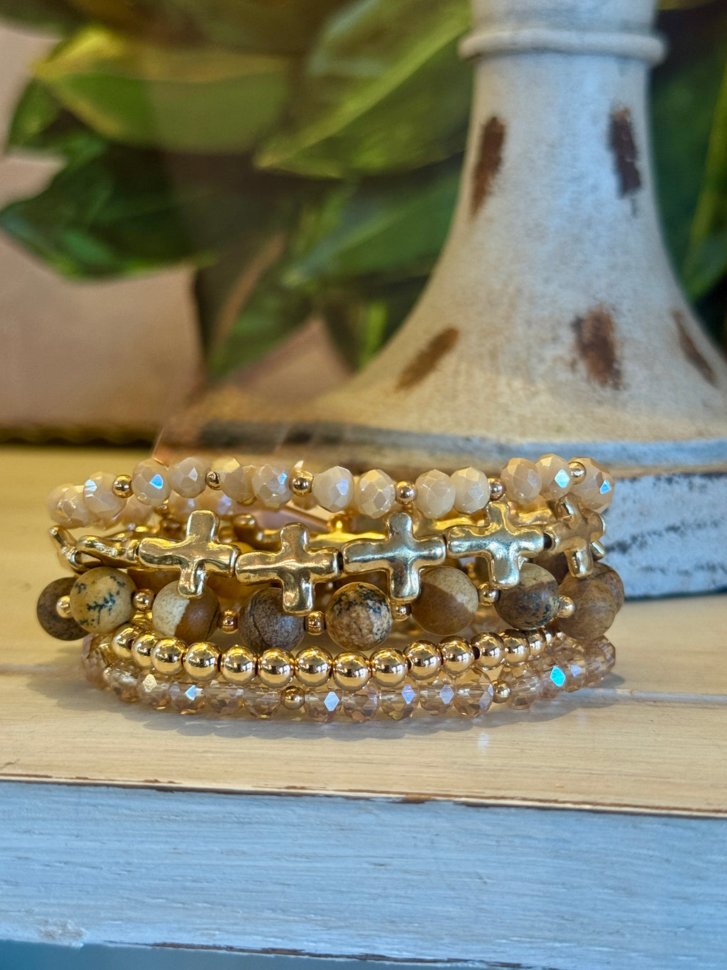 Gold Cross & Neutral Bead Bracelet Set