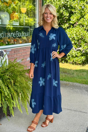 Navy Midi Dress with Blue Flower Embroidery Detail