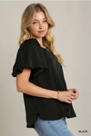 Pleated Black Top with Gold Neckline Detail