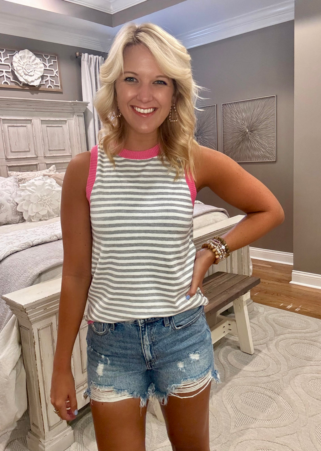Grey Stripe Tank with Pink Contrast Detail