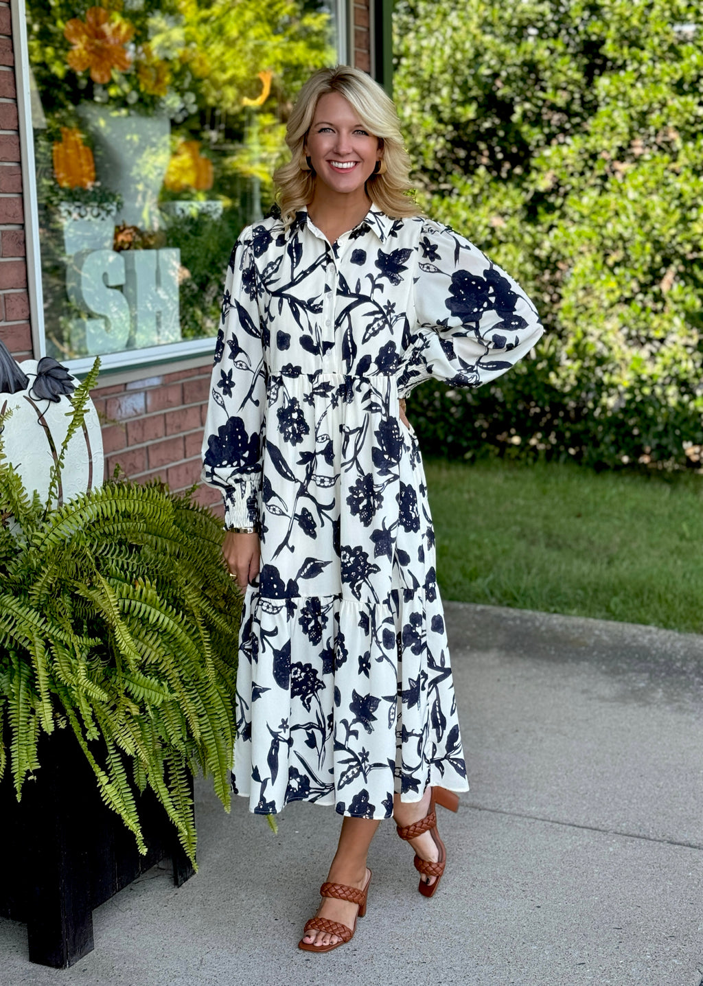 Navy Floral Print Midi Dress