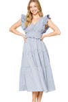 Blue Grey Ruffle Tiered Midi Dress