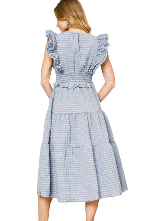 Blue Grey Ruffle Tiered Midi Dress