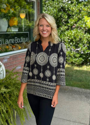 Metallic Embroidered Top with Ruffled Neck