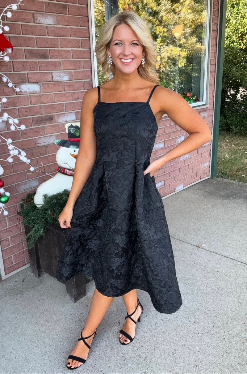 Black Brocade Midi Dress