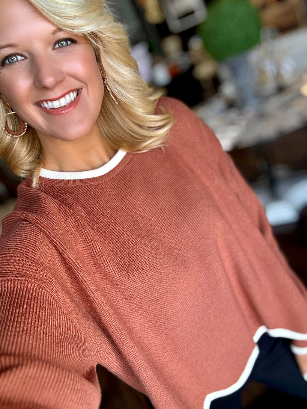 Rust Sweater with Scallop & Contrast Details