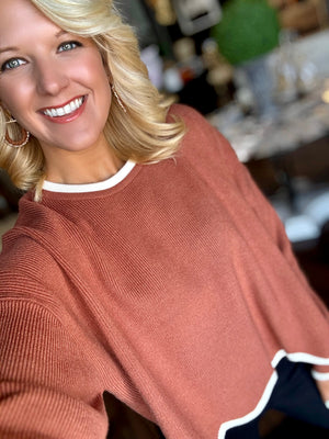 Rust Sweater with Scallop & Contrast Details