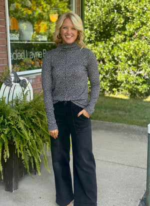 Grey Cheetah Mock Neck Top with Front Seam Detail