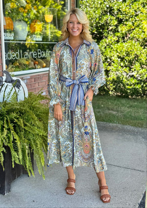 Printed Midi Dress with Contrast Detail & Tie Belt