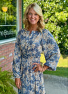 Dusty Blue Floral Midi Dress with Cinched Waist