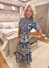 Navy Printed Woven Dress with Ruffle Details