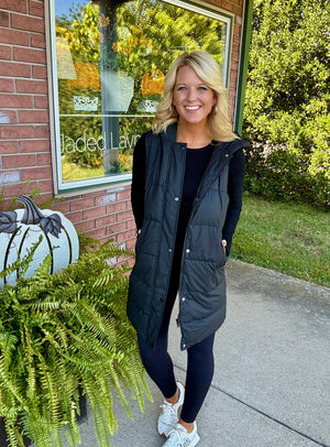 Black Long Puffer Vest with Hood