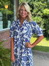 Blue Floral Puff Sleeve Button Down Midi Dress with Ruffle Neckline