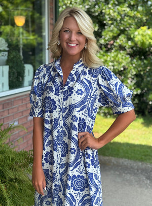 Blue Floral Puff Sleeve Button Down Midi Dress with Ruffle Neckline