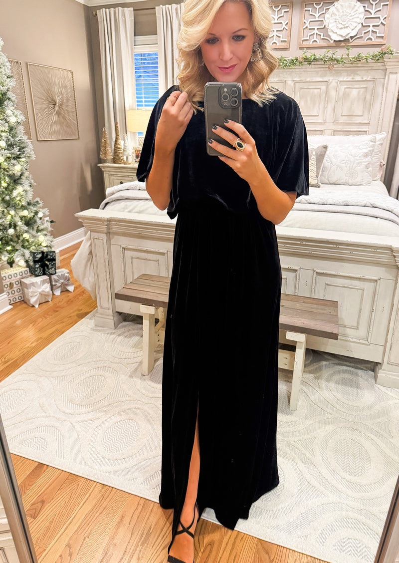 Black Velvet Maxi Dress with Side Slit