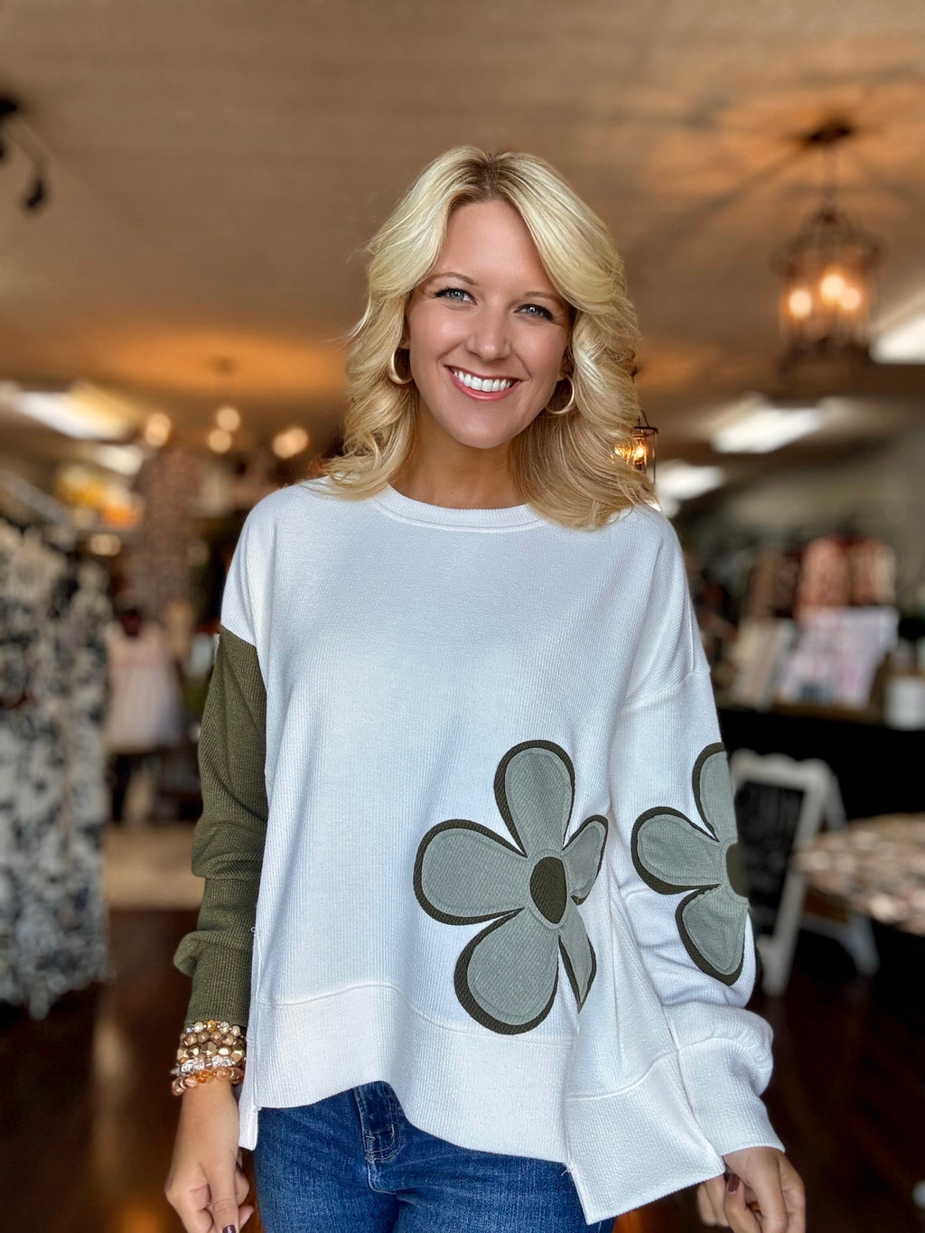 Olive & Cream Flower Patch Top