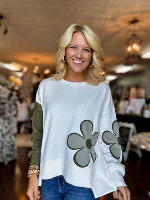 Olive & Cream Flower Patch Top