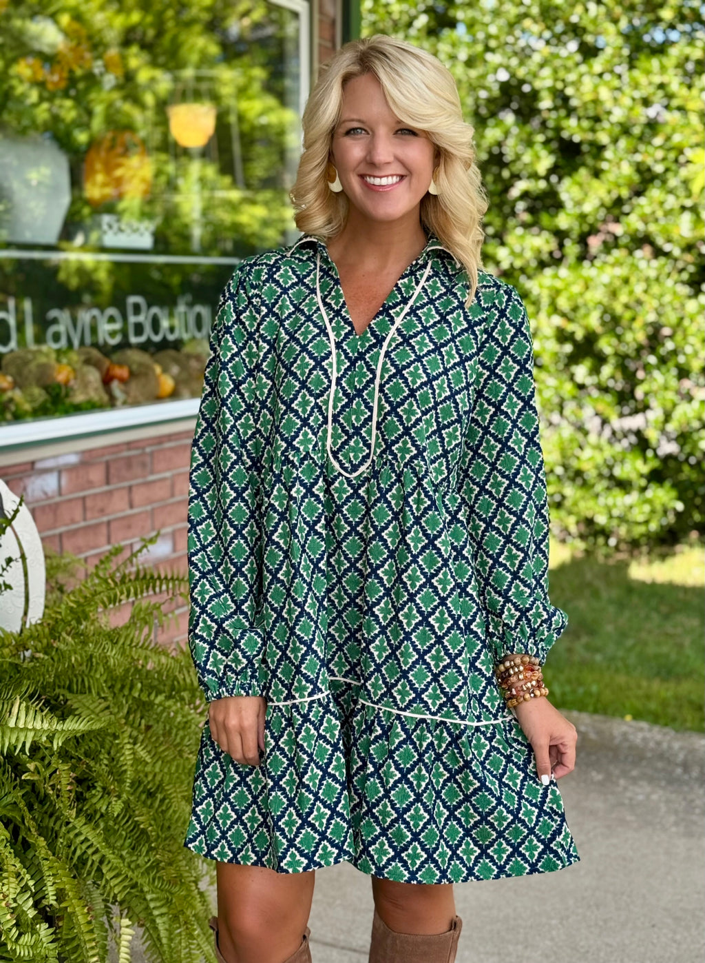 Printed Corduroy Ruffle Dress