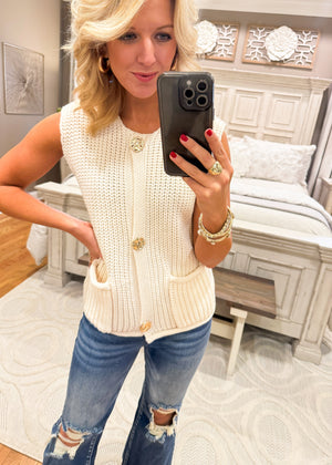 Sleeveless Sweater Vest with Gold Button Detail