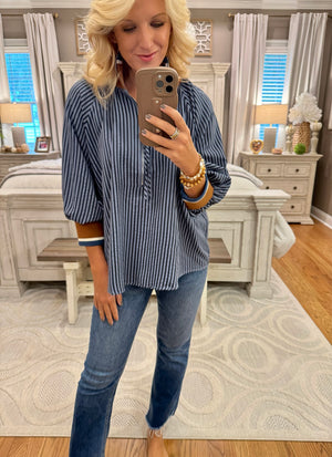 Navy Stripe Half Zip Top with Contrast Neckline