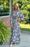 Dusty Blue Floral Midi Dress with Cinched Waist