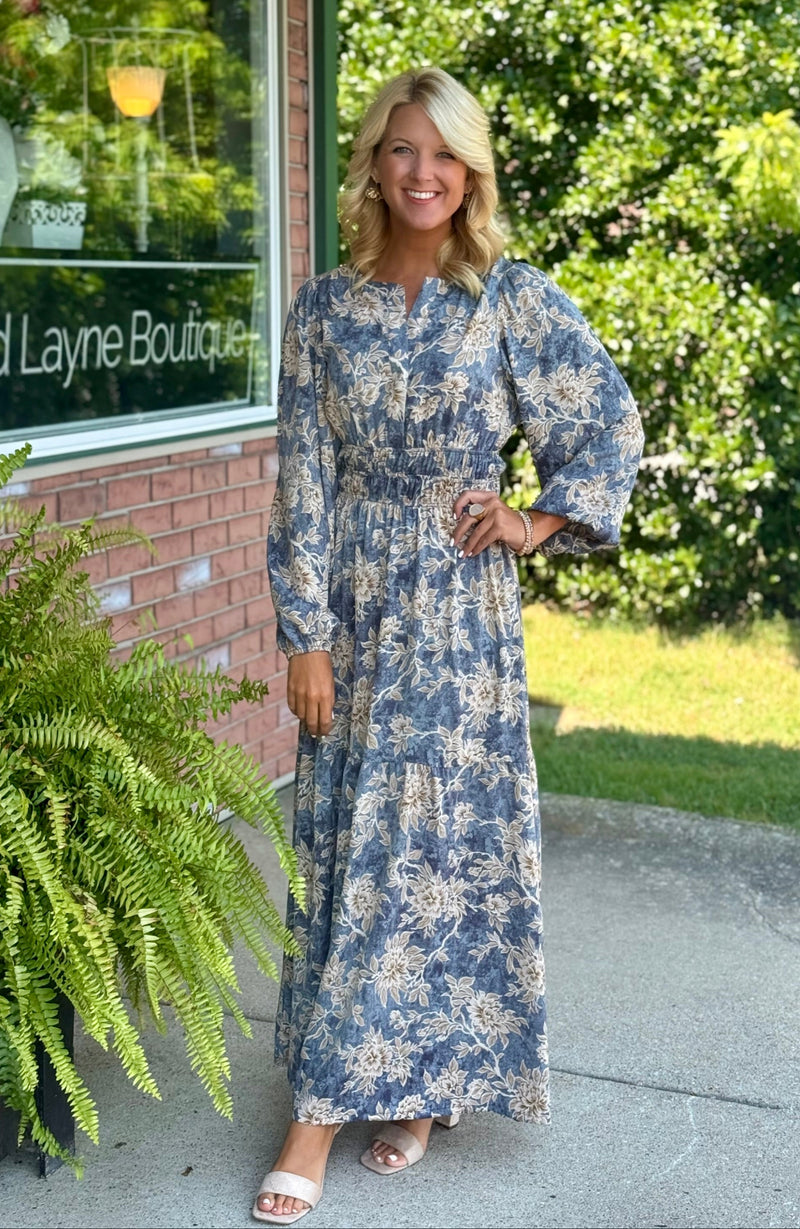 Dusty Blue Floral Midi Dress with Cinched Waist