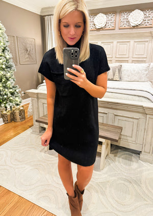 Black Short Sleeve Sweater Dress with Pocket Detail