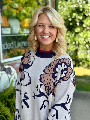 Floral Print Sweater with Contrast Neck & Hemline