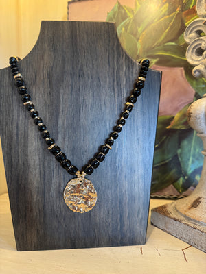 Black Beaded Necklace with Hammered Gold Pendant