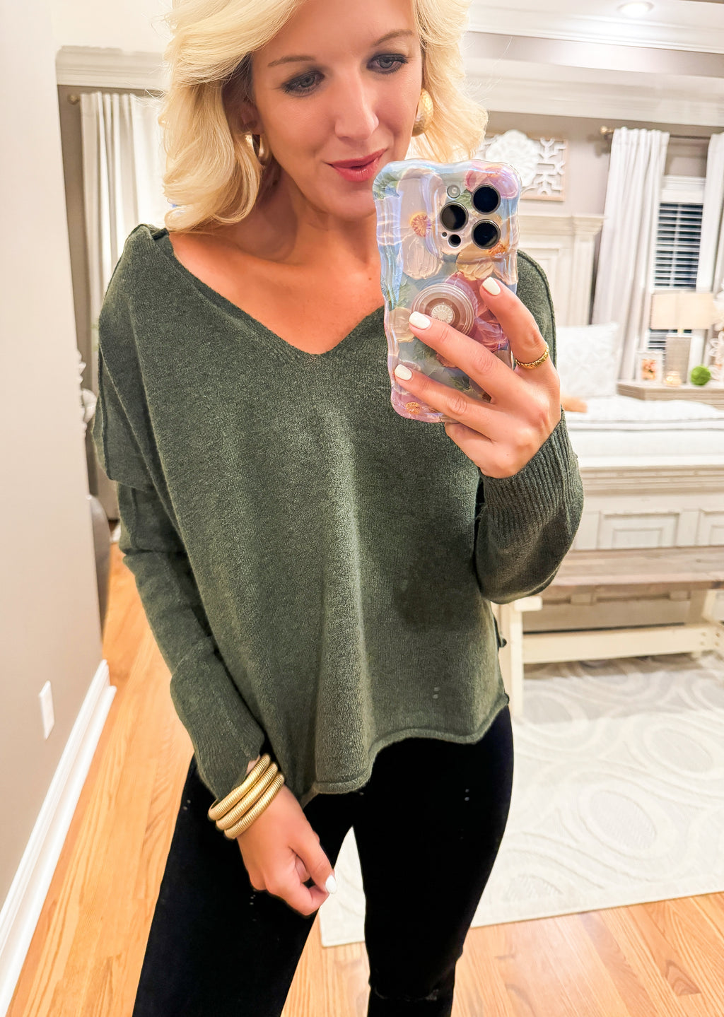 Olive Green Exposed Hem Soft Sweater