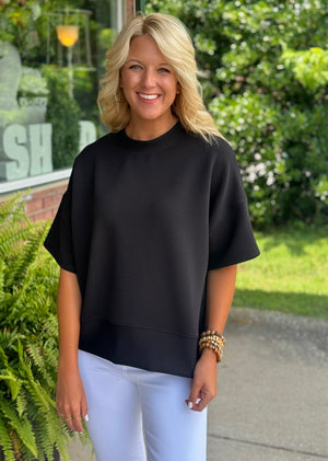 Black Ribbed Top with Band Bottom Detail