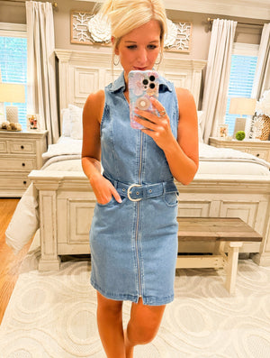 Denim Collar Zip Up Dress with Belt