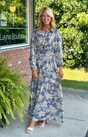 Dusty Blue Floral Midi Dress with Cinched Waist