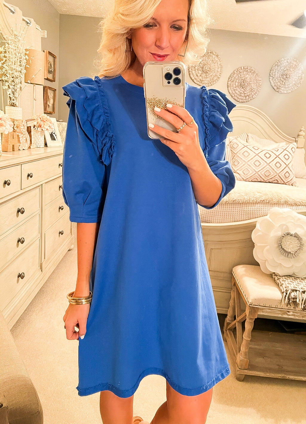 Royal Blue French Terry Dress with Ruffle Detail
